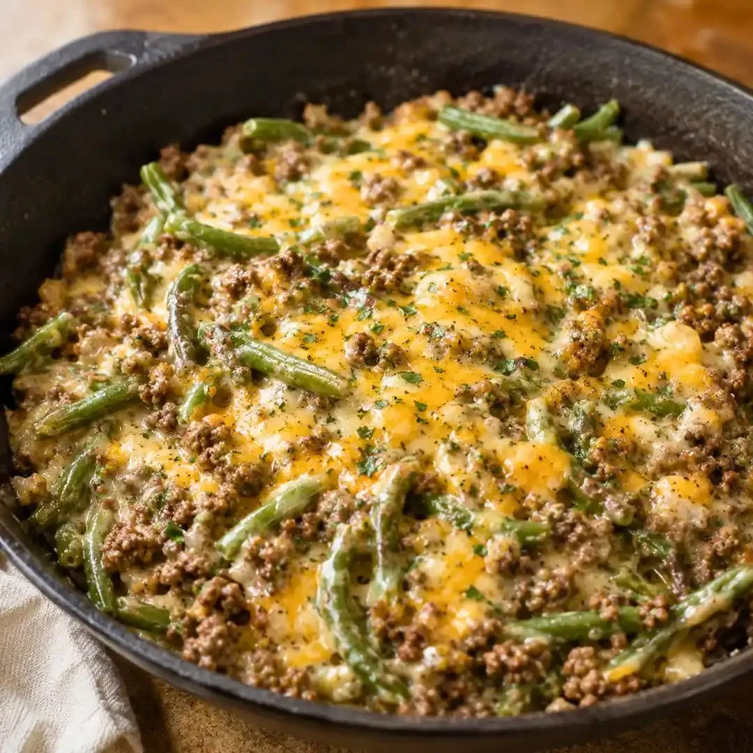 Delicious Hamburger Green Bean Casserole with Mushrooms served in a dish