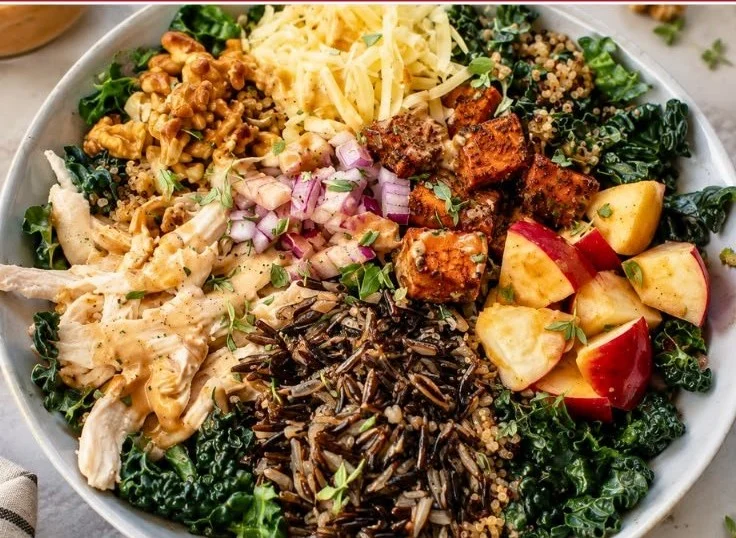Healthy Autumn Harvest Grain Bowl filled with seasonal vegetables and grains