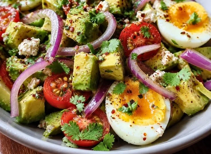 High protein egg avocado salad in a bowl with fresh ingredients