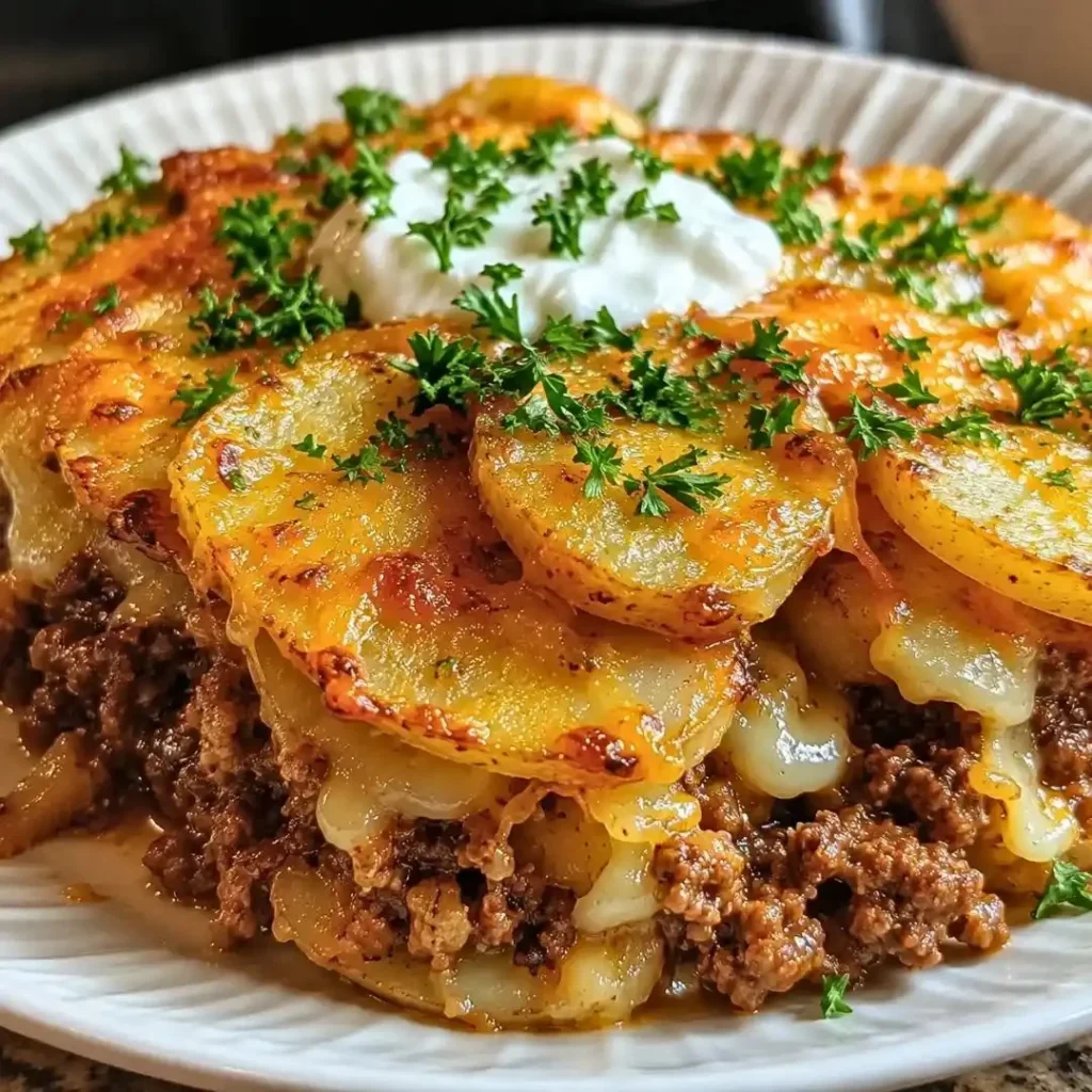 Healthy Loaded Beef and Potato Bake on a wooden table ready to serve.