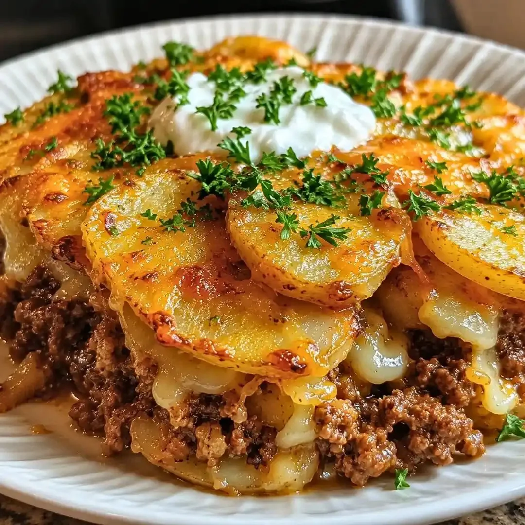 Healthy Loaded Beef and Potato Bake on a wooden table ready to serve.