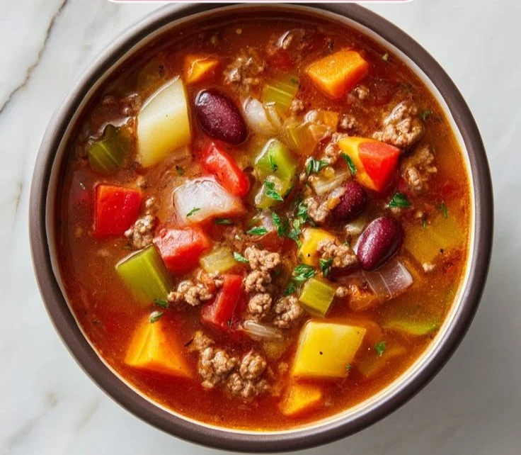 Bowl of hearty cowboy soup filled with vegetables and beans