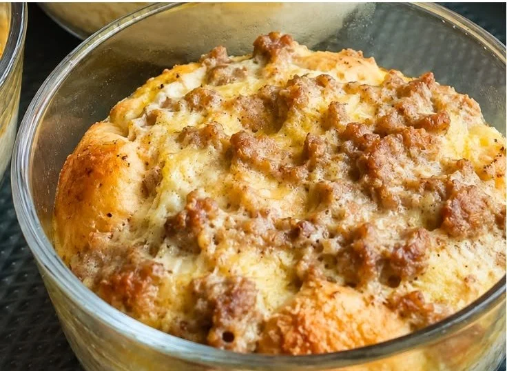 High protein biscuits served with savory gravy for a hearty breakfast bowl