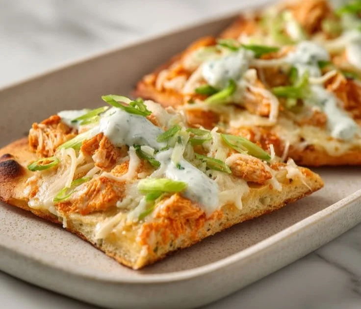 High Protein Buffalo Chicken Flatbread topped with fresh ingredients