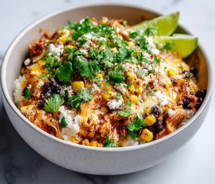 High-protein chicken enchilada bowls with cottage cheese topped with fresh ingredients.