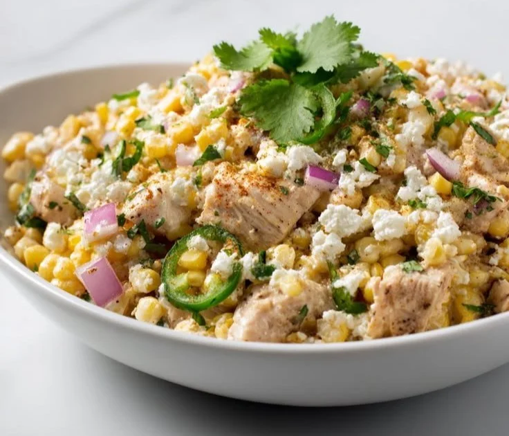 High protein chicken street corn salad with fresh ingredients