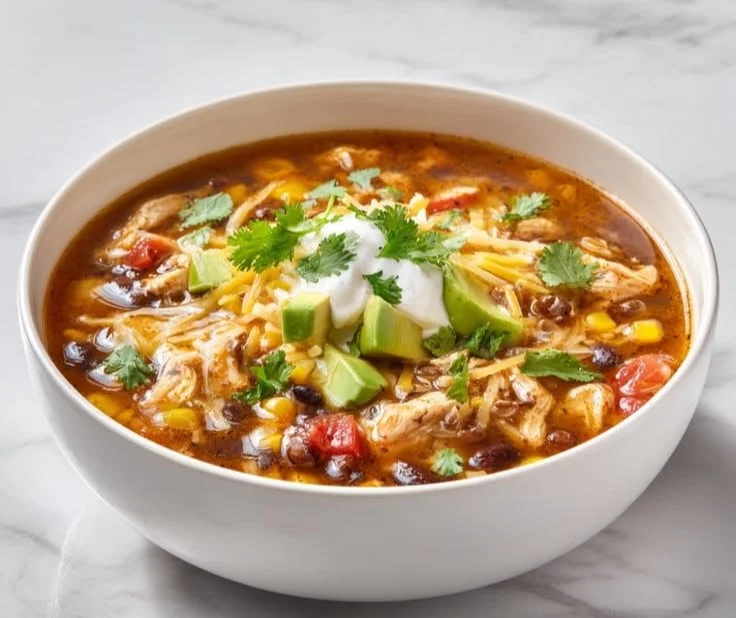High protein chicken taco soup served in a bowl with toppings.