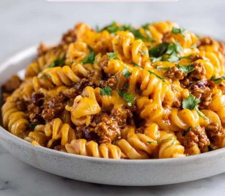High Protein Creamy Taco Pasta topped with cheese and fresh herbs