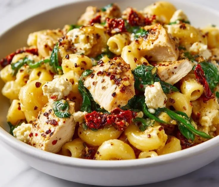 High protein Marry Me Chicken pasta dish with creamy sauce and herbs