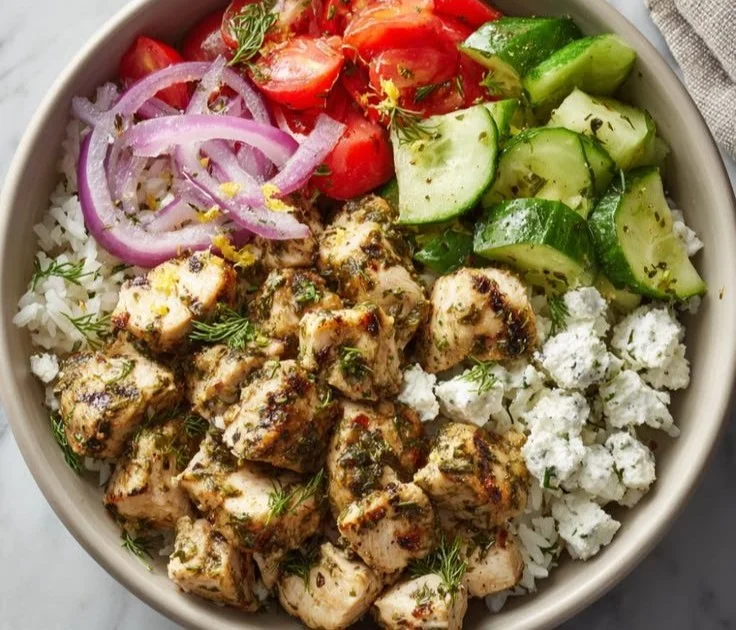 High Protein Mediterranean Chicken Bowl with lemon-dill dressing and fresh vegetables.