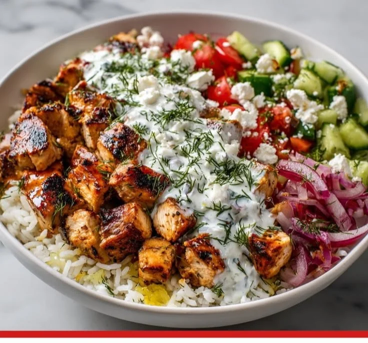 Delicious Mediterranean Lemon-Dill Chicken bowl with fresh vegetables and herbs