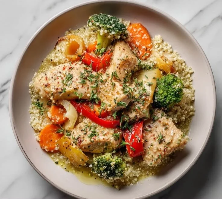 High protein slow cooker chicken quinoa dinner served in a bowl