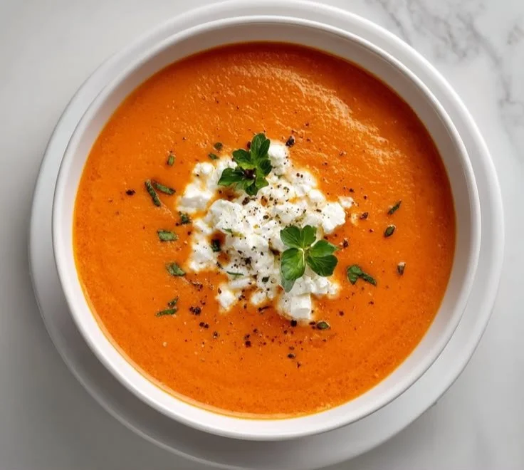 Bowl of high-protein tomato soup garnished with fresh herbs