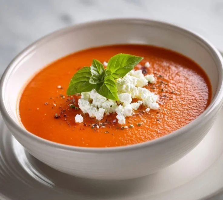 High protein tomato soup with cottage cheese in a bowl