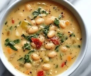 Delicious high protein white bean soup garnished with herbs and served in a bowl.