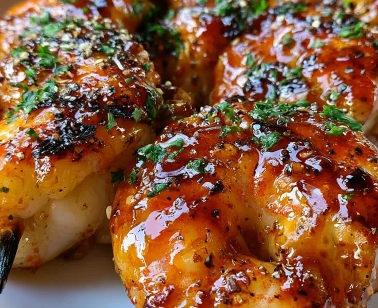 Honey garlic grilled shrimp on a platter, garnished with green herbs.