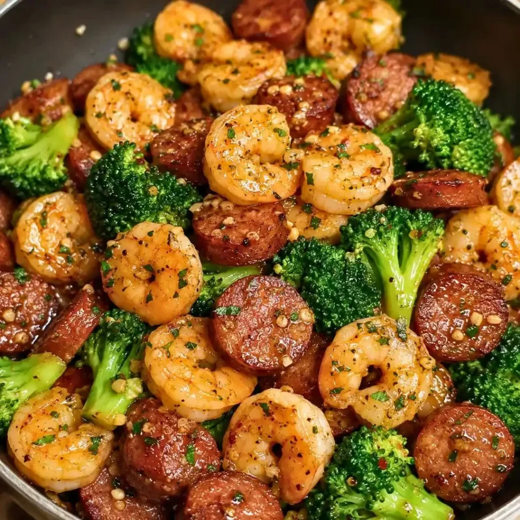 Honey Garlic Shrimp and Chicken Sausage served with broccoli on a plate