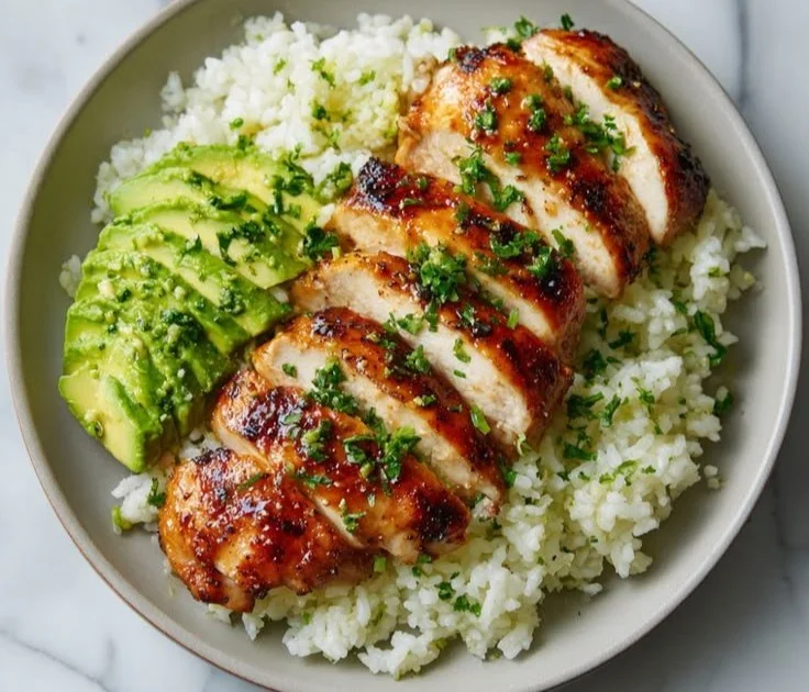 Honey lime chicken served with avocado rice on a plate.