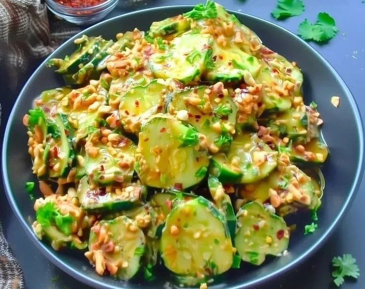 Delicious spicy peanut cucumber salad with vibrant colors and fresh ingredients.