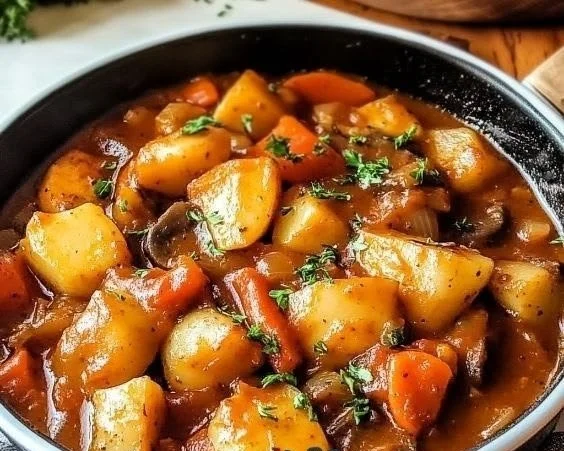 A delicious bowl of Irish veggie stew with mixed vegetables and herbs.
