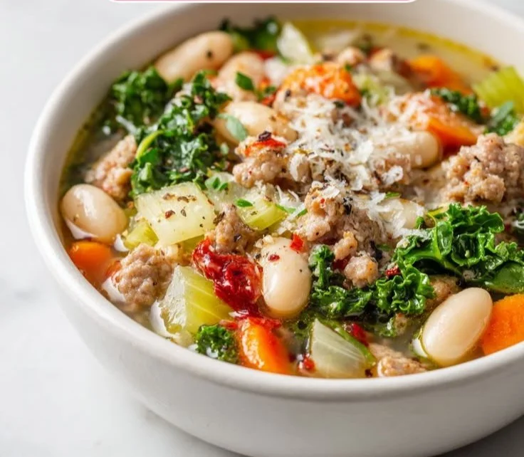 Bowl of Italian Sausage and White Bean Soup garnished with parsley