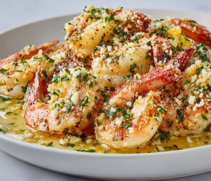 Baked Shrimp Oreganata garnished with herbs and served on a plate