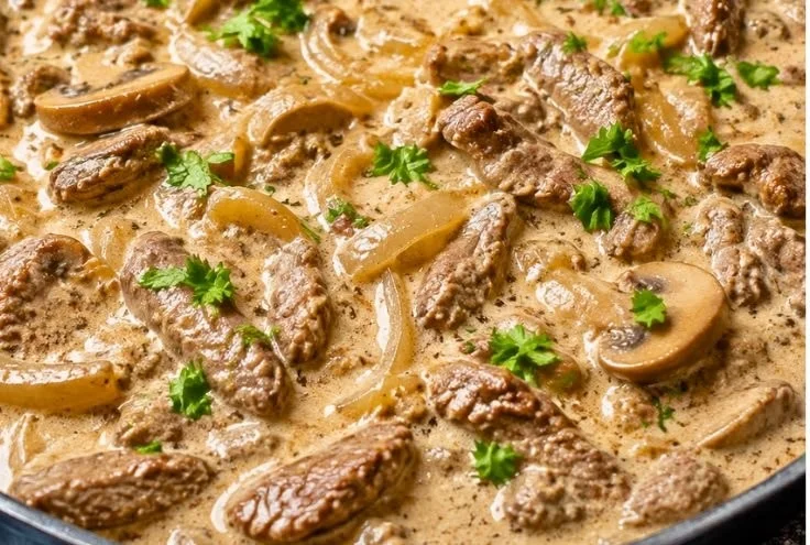 Delicious Keto Beef Stroganoff served on a plate with mushrooms and cream sauce
