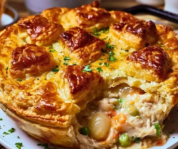 Delicious homemade leftover turkey pot pie ready to serve.