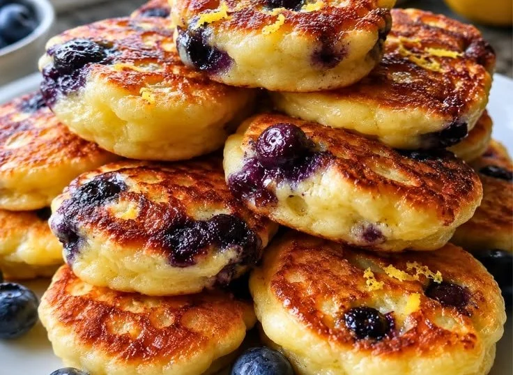 Lemon Blueberry Cottage Cheese Pancake Bites on a plate with fresh blueberries