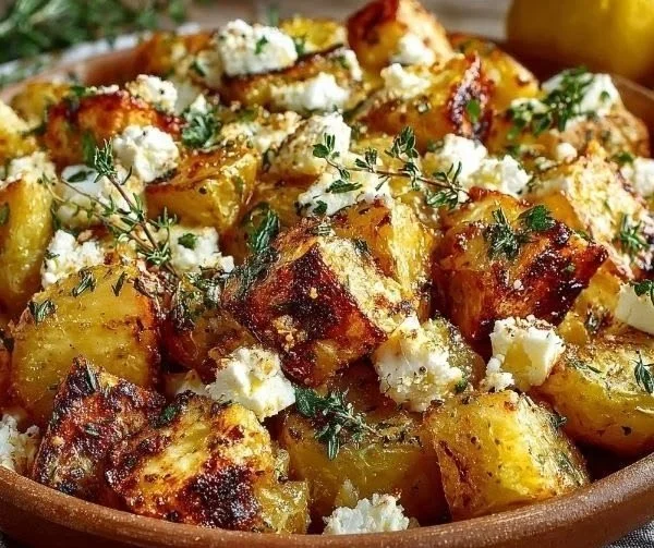 Lemon Feta Roasted Potatoes dish with fresh herbs and a golden crust