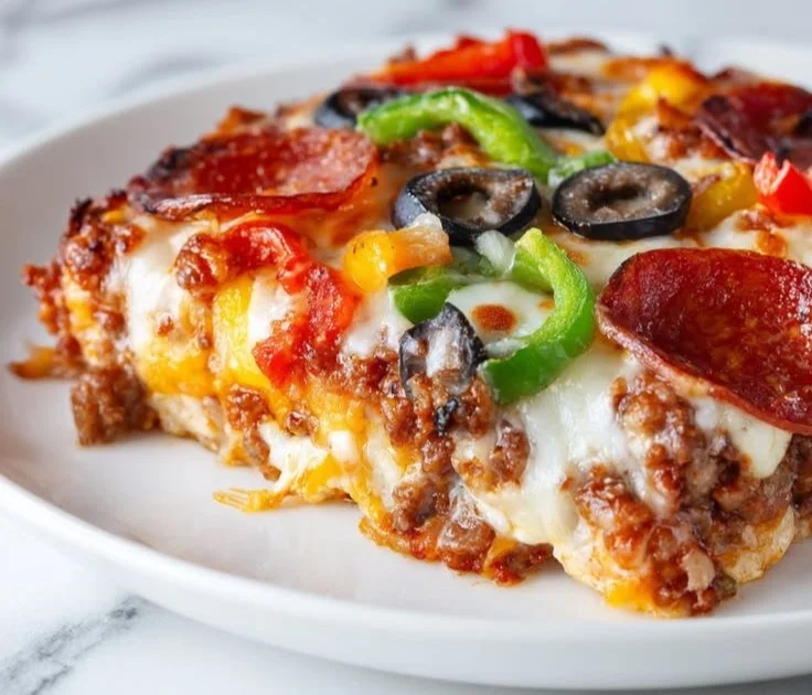 Delicious Low Carb Pizza Casserole served in a baking dish