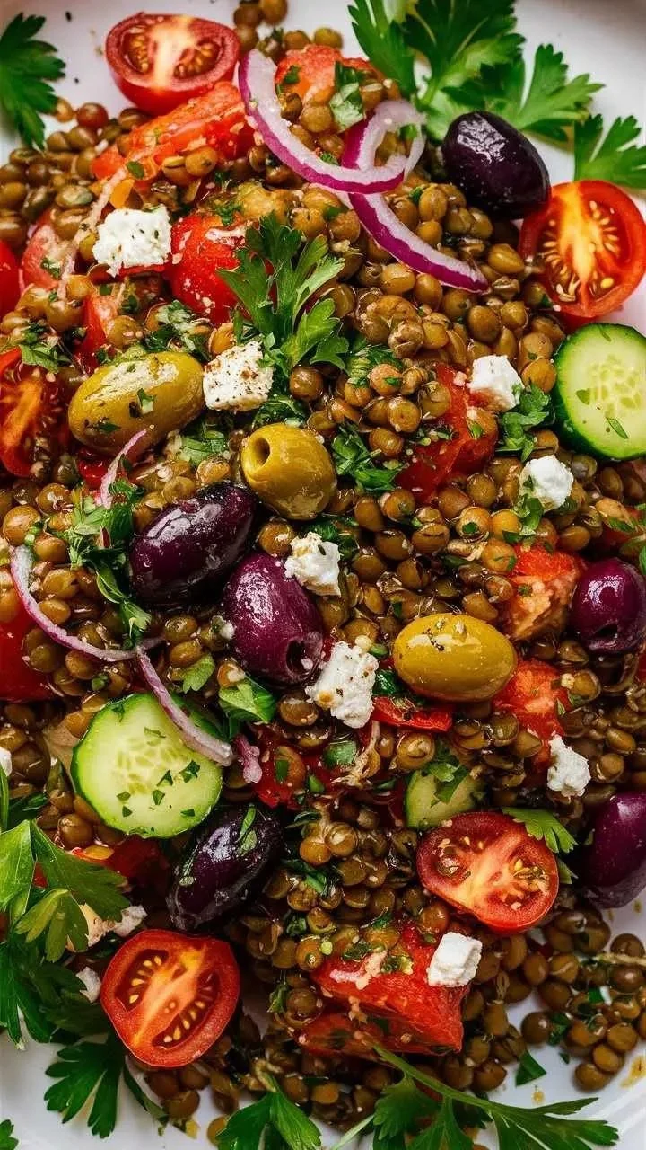Colorful Mediterranean Lentil Salad with vegetables and herbs in a bowl