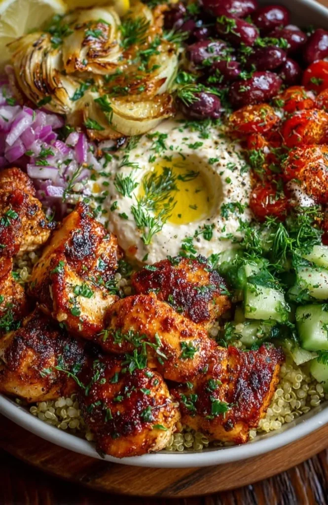 Colorful Mediterranean Mezze Bowl filled with dips, veggies, and breads