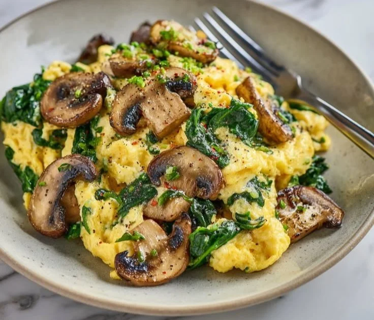 Plate of mushroom spinach scrambled eggs with fresh herbs and toast