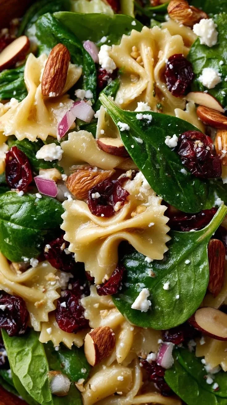 Nutritious spinach pasta salad with feta and dried cranberries in a bowl