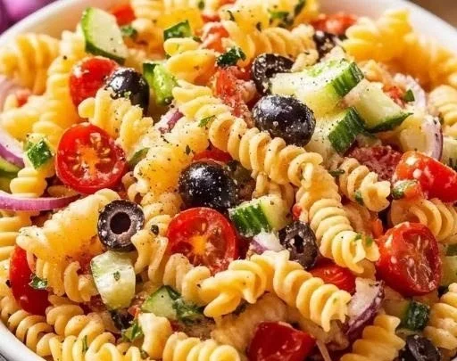 A colorful bowl of Olive Garden inspired pasta salad with veggies and dressing