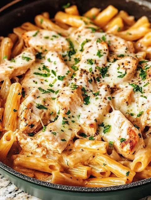 One Pot Chicken Parmesan Pasta dish with melted cheese and garnished with herbs