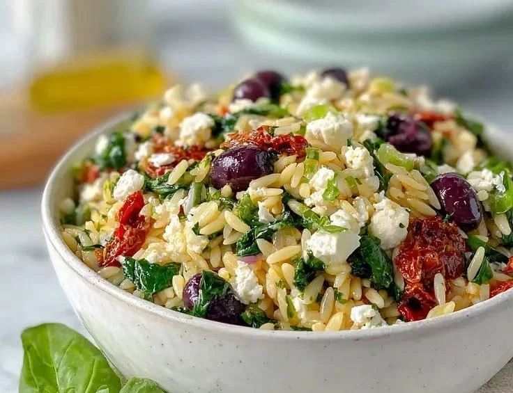 Perfect orzo pasta salad with feta and sun-dried tomatoes in a serving bowl.