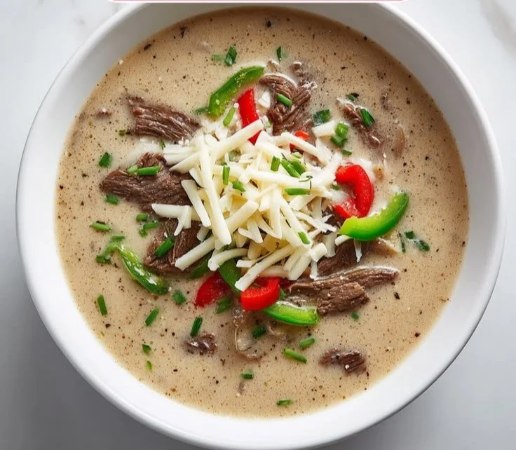 A bowl of creamy Philly Cheese Steak Soup garnished with parsley and served with bread.