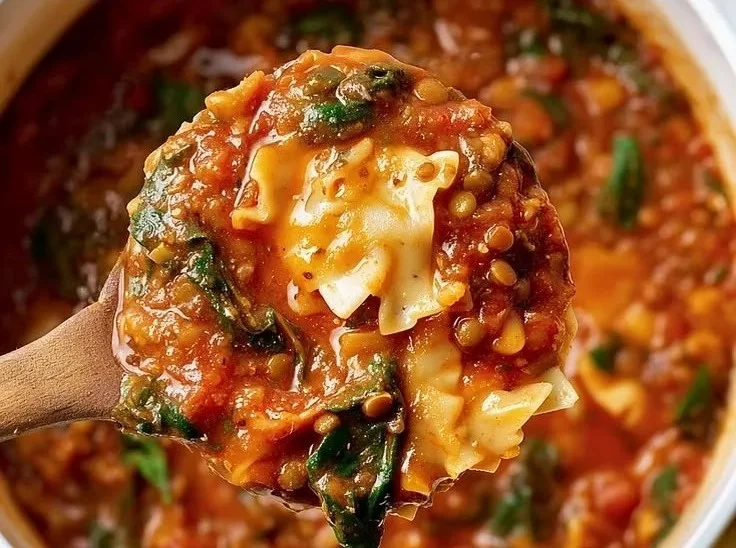Bowl of delicious plant-based lentil lasagna soup topped with fresh herbs