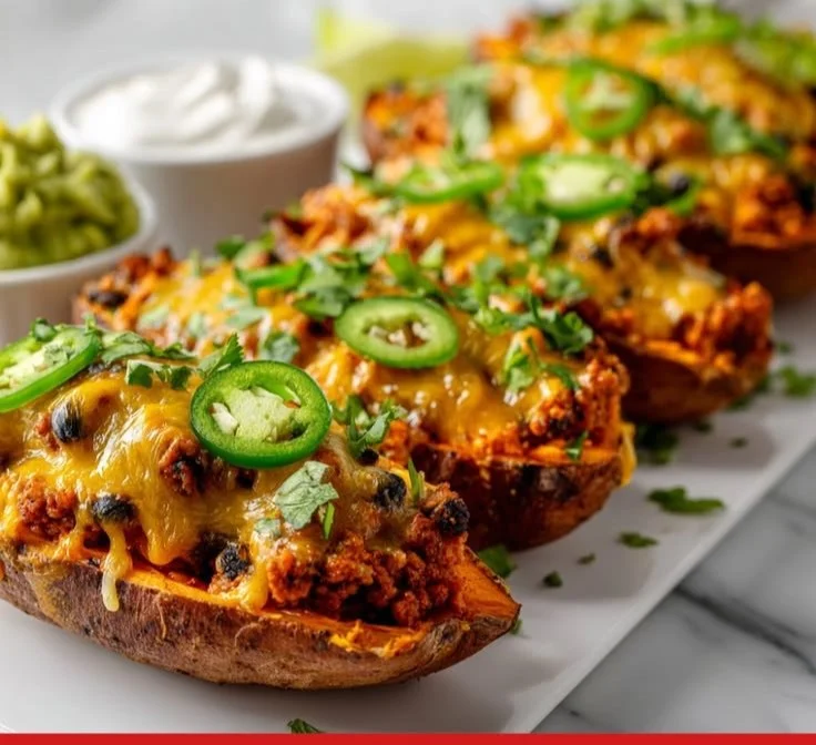 Protein loaded sweet potato boats topped with nutritious ingredients.