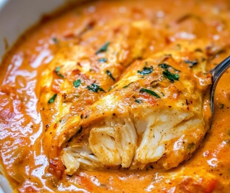 Quick tilapia fillets in roasted pepper sauce served with vegetables