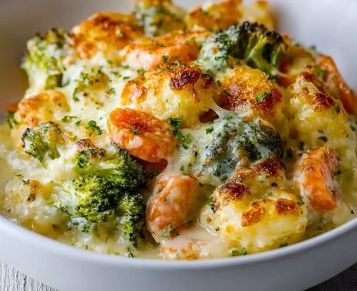Rich winter vegetable casserole with assorted seasonal vegetables in a baking dish