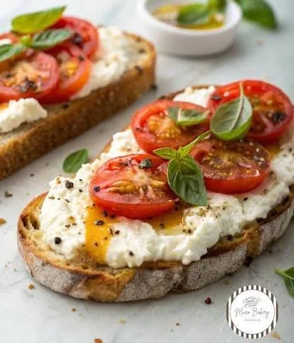 Delicious Ricotta and Tomato Sourdough Toast on a rustic wooden table