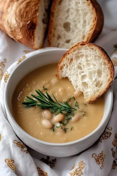 Bowl of roasted garlic and white bean soup garnished with herbs