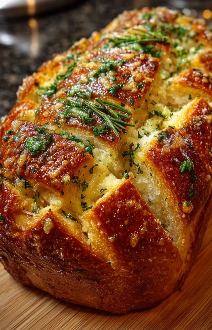 Freshly baked rosemary garlic pull apart bread with golden crust and herbs