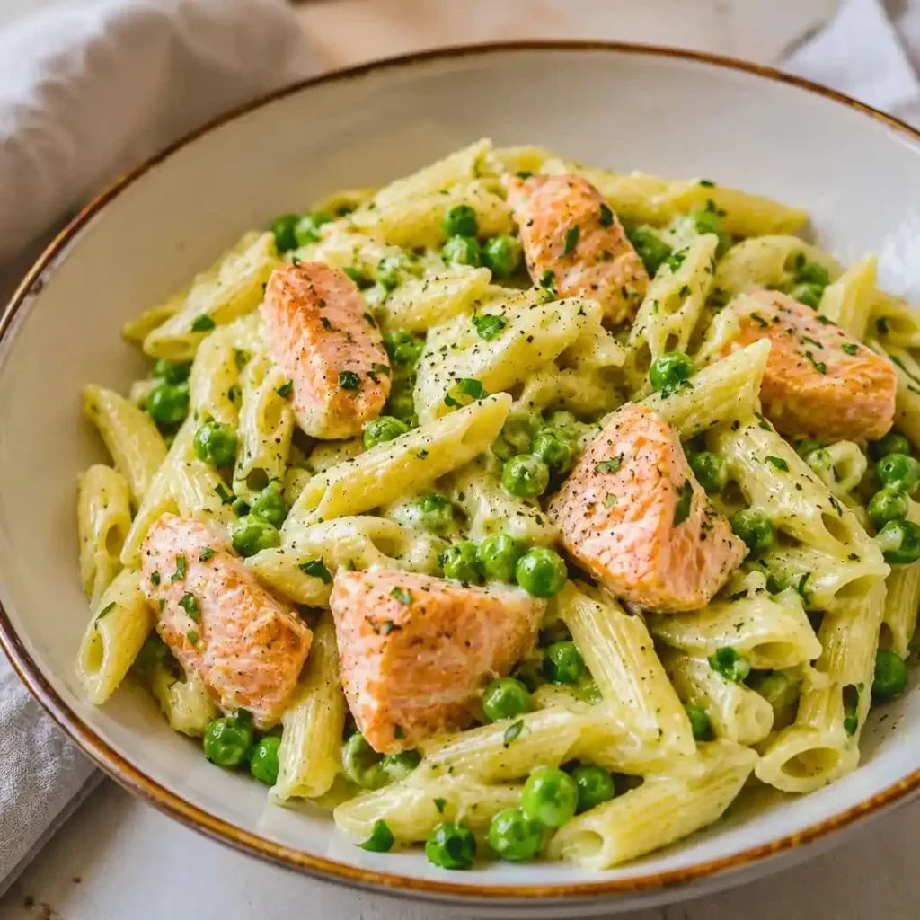 Salmon Pea Pasta with Lemon dish served on a plate