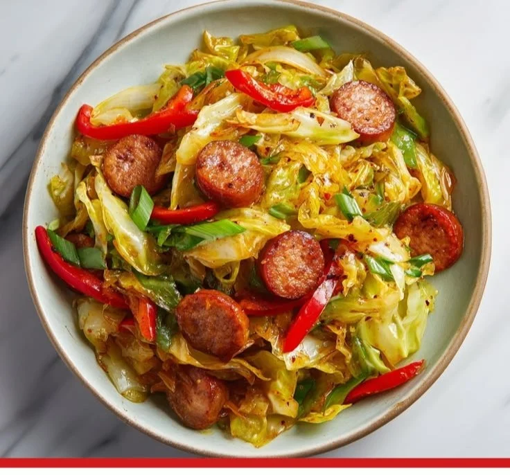 Delicious Sausage and Cabbage Stir Fry served on a plate