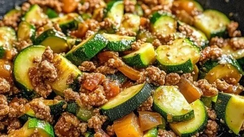 Delicious ground turkey zucchini skillet dish served in a skillet