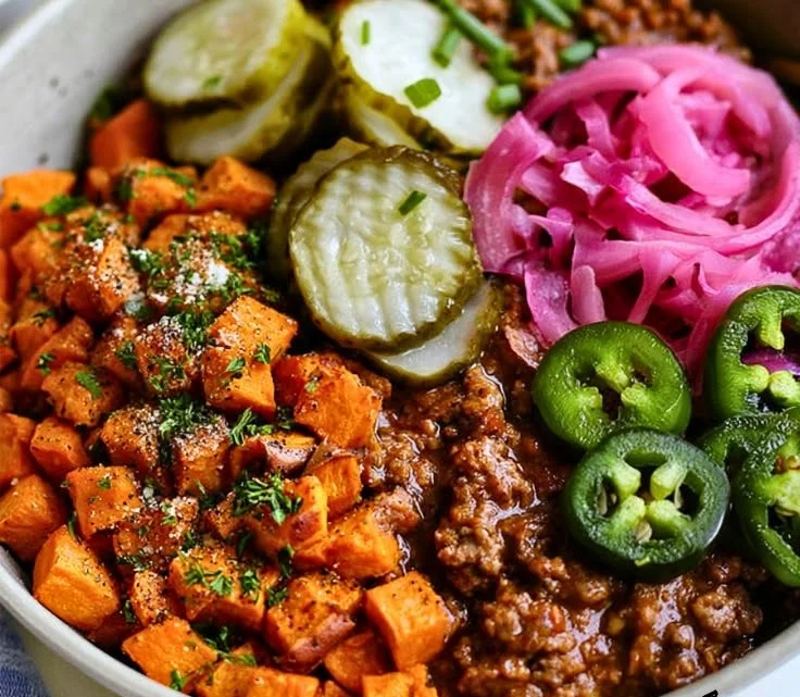 Sloppy Joe Sweet Potato Bowl with ground meat and toppings
